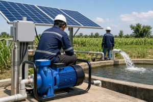 A HYBSUN solar water pump operates in a bright rural field, delivering a continuous flow of water into a concrete irrigation channel. Two technicians wearing safety helmets monitor the pump and an adjacent solar-powered control box, while large photovoltaic panels harness sunlight. The scene illustrates a sustainable, off-grid irrigation system powered efficiently by solar energy without requiring batteries, showcasing HYBSUN’s reliable and low-maintenance solar water pumping solution.
