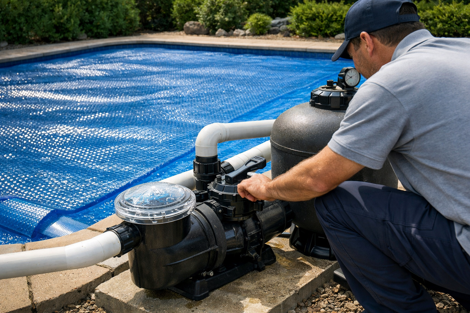 A swimming pool with a solar cover partially rolled back, showing the pool pump in the background.