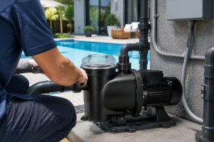 A professional pool technician inspects a black HYBSUN swimming pool pump installed beside a modern backyard swimming pool on a bright summer day. The realistic pool equipment setup includes connected PVC pipes, an electrical control box, and a clear pump strainer lid, showing the energy demands of daily pool circulation. The image visually highlights the concern behind the question do pool pumps consume a lot of electricity and presents HYBSUN as a professional energy efficient pool pump solution for reducing high summer electricity bills.