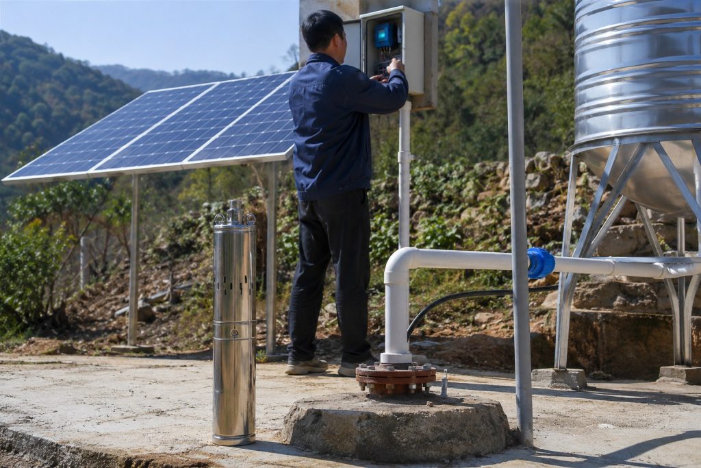 A realistic outdoor installation scene showing a HYBSUN solar powered borehole water pump system working in a remote rural area. A stainless steel HYBSUN submersible pump is displayed beside the wellhead for product reference, while the real pumping setup shows clean white outlet pipes coming from the borehole and connecting to a raised water storage tank and irrigation pipeline. Solar panels are installed nearby to power the system, and a Chinese technician is checking the solar pump controller without showing his face. The scene demonstrates how HYBSUN solar powered water pumps work effectively for off grid water supply, agriculture, livestock, and remote home water pumping applications.