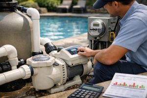 Do swimming pool pumps use a lot of electricity? This HYBSUN pool pump image shows a professional pool technician inspecting a modern swimming pool pump system beside a residential pool. The scene includes the pump unit, filter tank, connected PVC piping, control panel, power meter, and electricity bill documents, highlighting how pool pumps can be one of the most energy-consuming appliances in a home during summer. The image visually represents pool pump energy use, operating cost concerns, maintenance inspection, and efficient pool circulation equipment in a realistic outdoor setting.