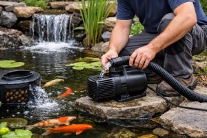 A realistic outdoor pond maintenance scene featuring a HYBSUN pond pump system operating beside a clear decorative garden pond with koi fish, water filtration, and steady circulation. A professional technician without showing their face is adjusting the pump and hose near the pond edge, highlighting the importance of continuous water movement, oxygenation, and filtration for a healthy pond ecosystem. This image visually represents the topic: Does a pond pump need to run 24 hours a da, showing how constant pump operation helps maintain clean water, supports fish health, and prevents harmful toxin buildup.