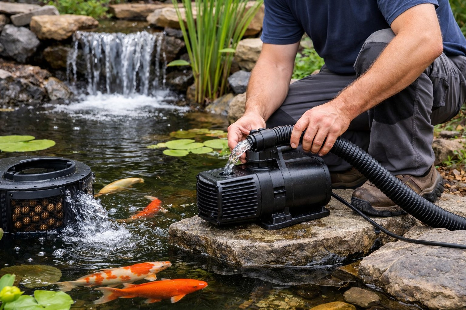 A beautiful garden pond with a waterfall feature powered by a pump