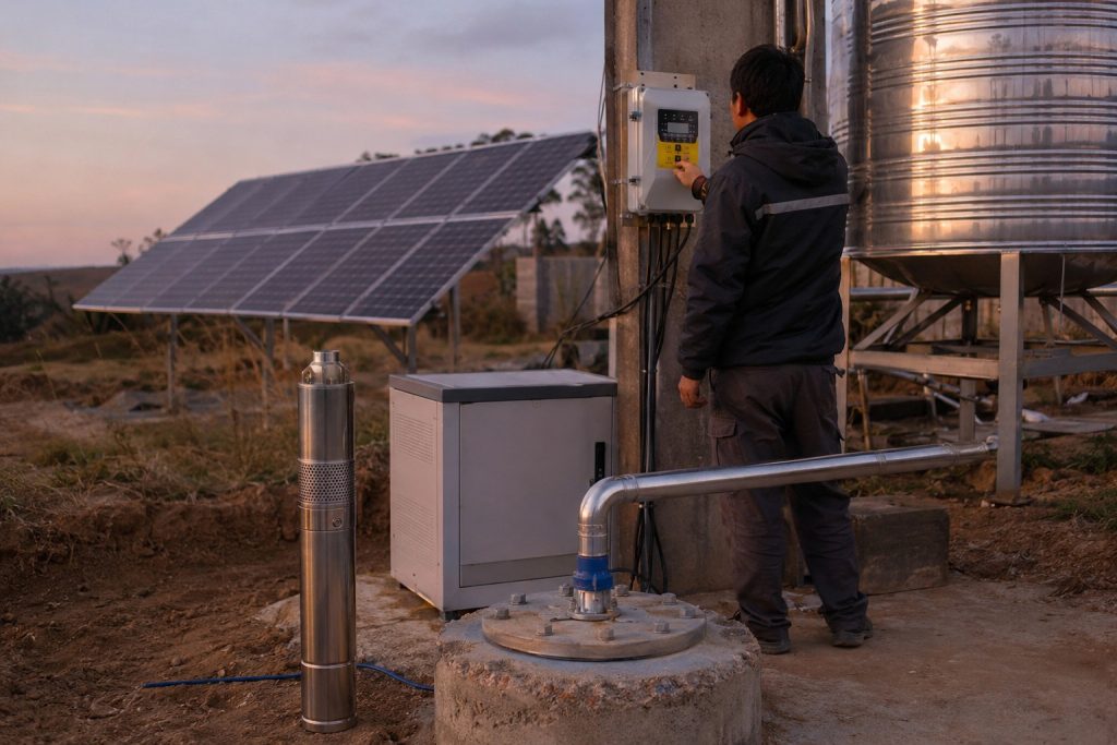 A realistic dusk installation scene showing a HYBSUN solar pump system set up beside a borehole wellhead, with a clean metal discharge pipe connected from the well to a large stainless steel water storage tank. A Chinese technician is adjusting the HYBSUN solar pump controller mounted near the system, while solar panels stand in the background to power the installation. One stainless steel submersible pump is displayed beside the wellhead as a product reference, while the actual pump operation remains underground as in a real borehole setup. The scene also includes a neat power cabinet that suggests battery storage or hybrid AC DC support, helping the solar water pump continue supplying water after sunset. This professional outdoor installation reflects how a HYBSUN solar pump, pond pump system, or solar powered pond pump can support reliable water transfer for farms, homes, irrigation, and off grid water supply.
