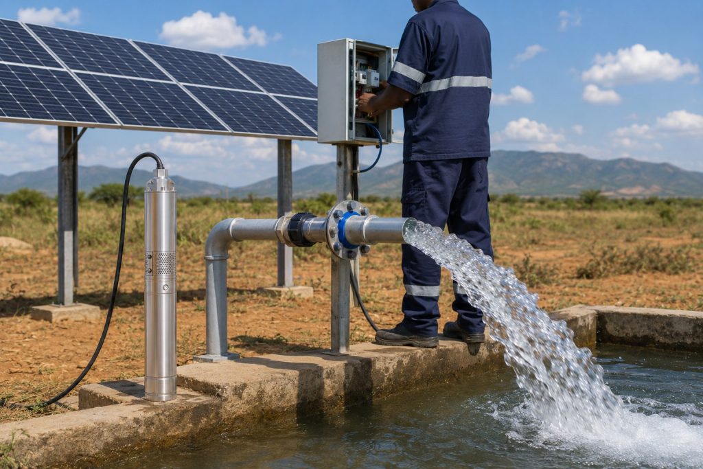 A realistic HYBSUN solar borehole pump installation operating in a rural agricultural field, showing one stainless steel submersible borehole pump connected to a clean new pipe system with strong water flow discharging into a concrete water tank. A professional technician in workwear is adjusting the solar pump controller beside the wellhead, with his face not visible. Solar panels are installed in the background under bright daylight, highlighting reliable off grid water pumping, long daily running hours, energy efficiency, and professional borehole water supply performance.
