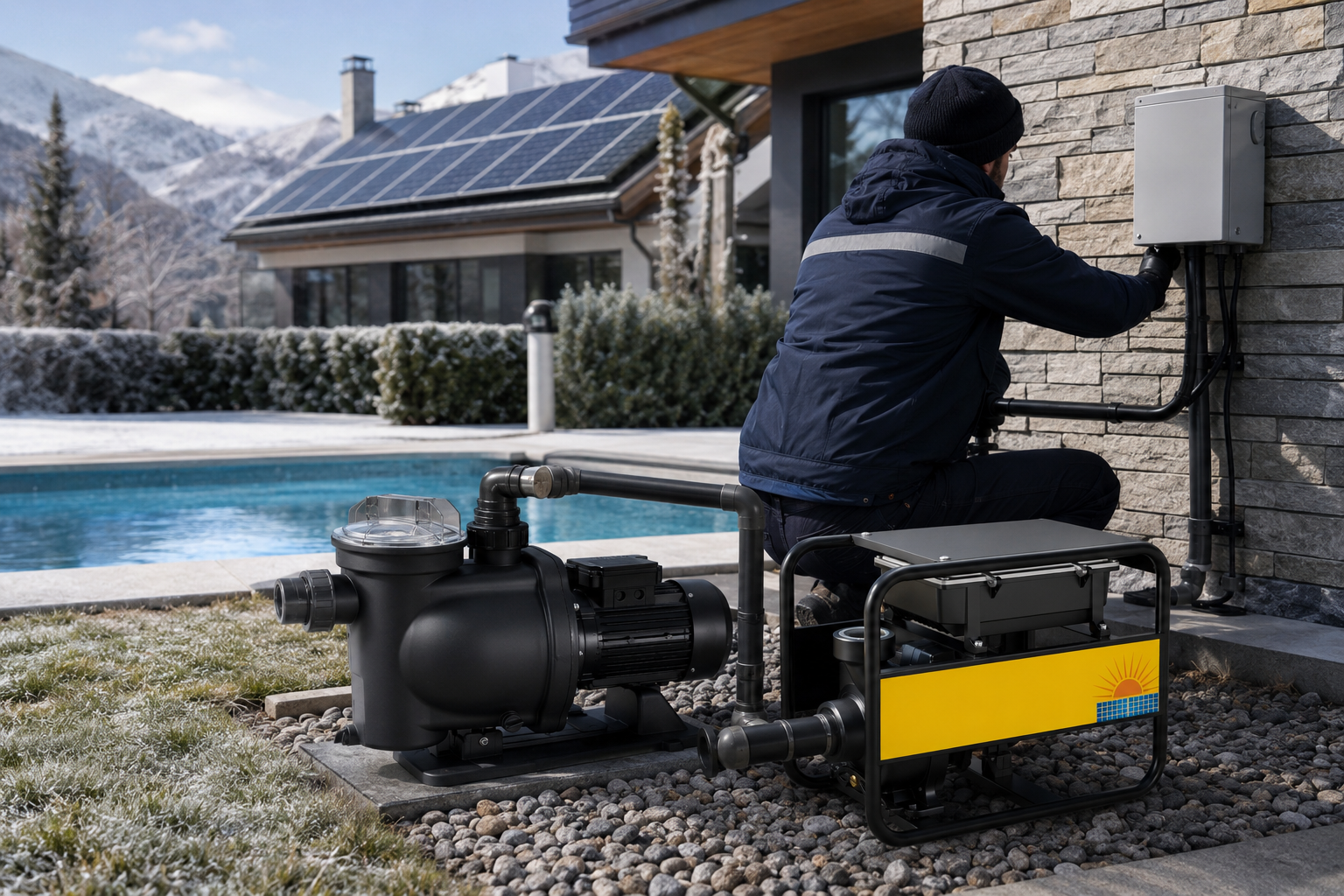 A solar-powered pool pump system next to a clear blue swimming pool.