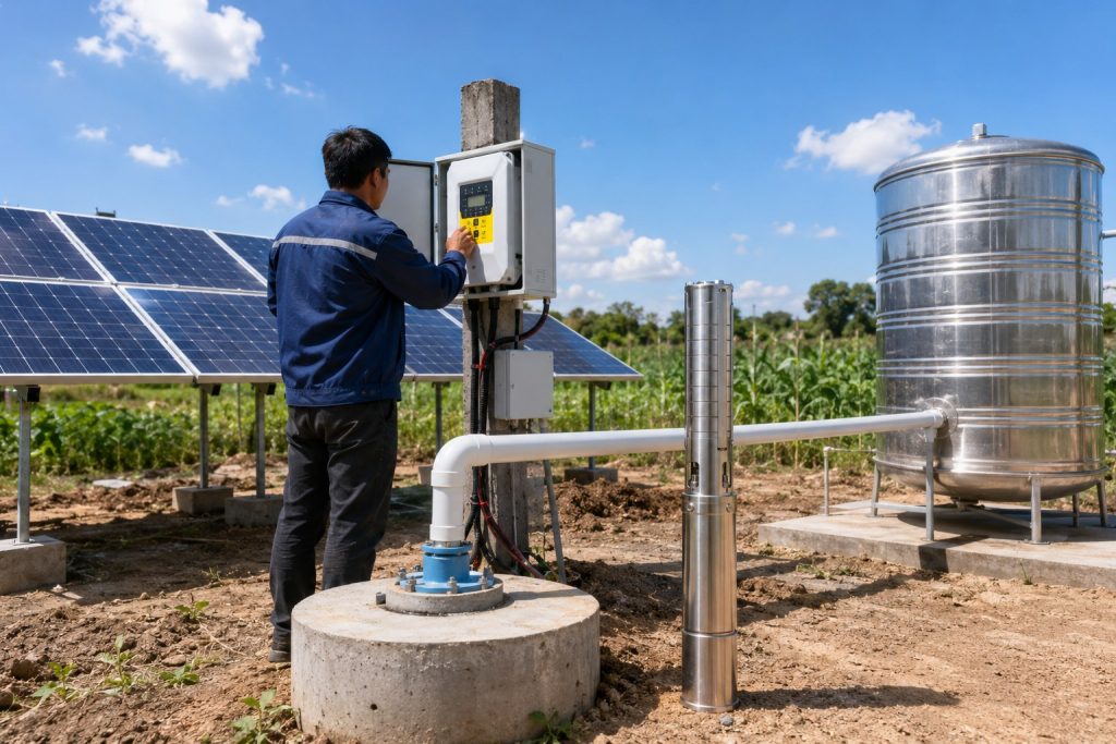 A realistic outdoor HYBSUN solar pump installation in a sunny rural field, showing a Chinese technician adjusting the solar pump controller beside a borehole wellhead. Clean white pipes rise from the well and connect professionally to a large stainless steel water storage tank, while blue solar panels collect strong daylight in the background. A stainless steel submersible pump is displayed upright beside the installation as a product reference, with the actual solar water pump operating underground as part of a practical off grid water supply system. The scene shows a clean and reliable HYBSUN solar pump setup for farms, irrigation, pond pump system applications, and solar powered pond pump solutions where daily sunlight supports steady water transfer.