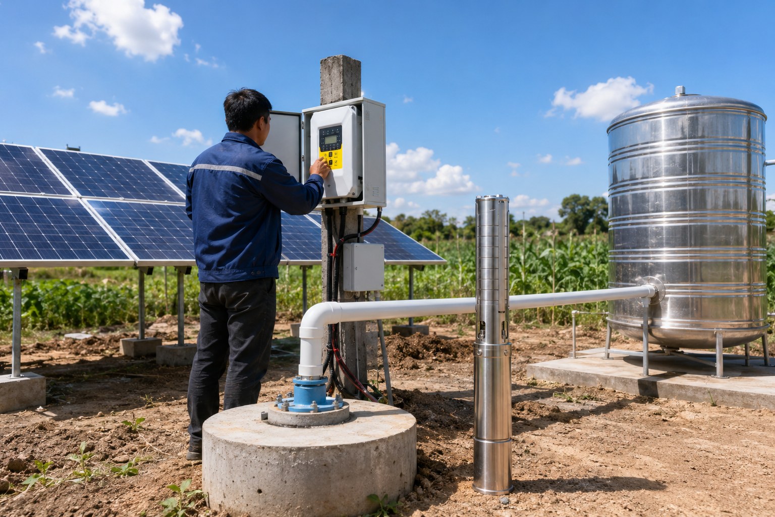 A solar panel array in a field with a water pump nearby