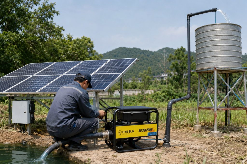 A realistic outdoor HYBSUN solar pump installation beside a rural pond, showing a solar powered pond pump connected with clean black inlet and outlet pipes. The HYBSUN solar pump is mounted in a protective black frame with a yellow branded side panel, while a Chinese technician checks the pipe connection near the pump. Solar panels are installed nearby to power the system, and water is being pumped through an elevated pipe into a raised metal storage tank. The scene shows a practical pond pump system for lifting water to height, with professional piping, active water flow, farmland surroundings, trees, and hills in the background. This image illustrates how a solar water pump can support irrigation, water transfer, and off grid water supply applications.