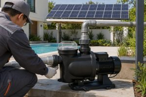 A realistic outdoor pool equipment installation shows a black HYBSUN solar pump connected beside a residential swimming pool, with clean metal inlet and outlet pipes, professional union fittings, and a top discharge line leading into the pool circulation system. A Chinese technician in workwear is checking the pipe connection while solar panels in the background provide power for the solar water pump. The scene highlights a practical solar powered pond pump and pond pump system style setup adapted for pool water circulation, showing how a HYBSUN solar pump can help reduce electricity use while supporting reliable outdoor water movement in a clean backyard environment.