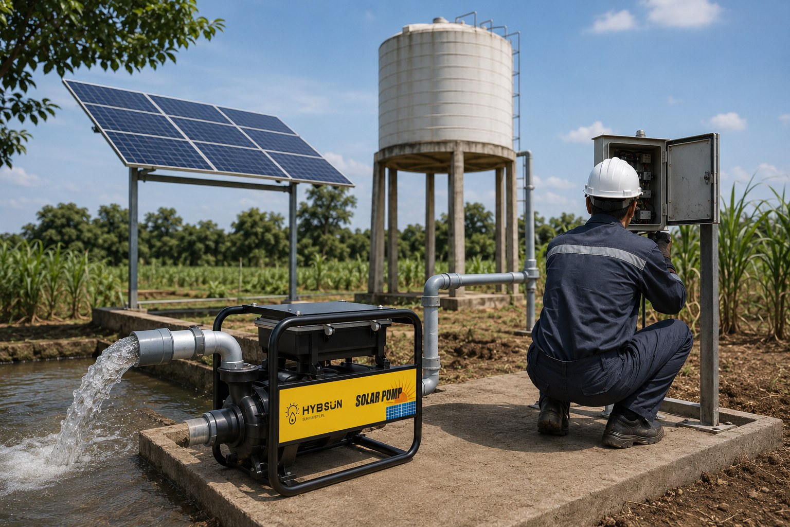 A solar panel array in a field powering a water pump