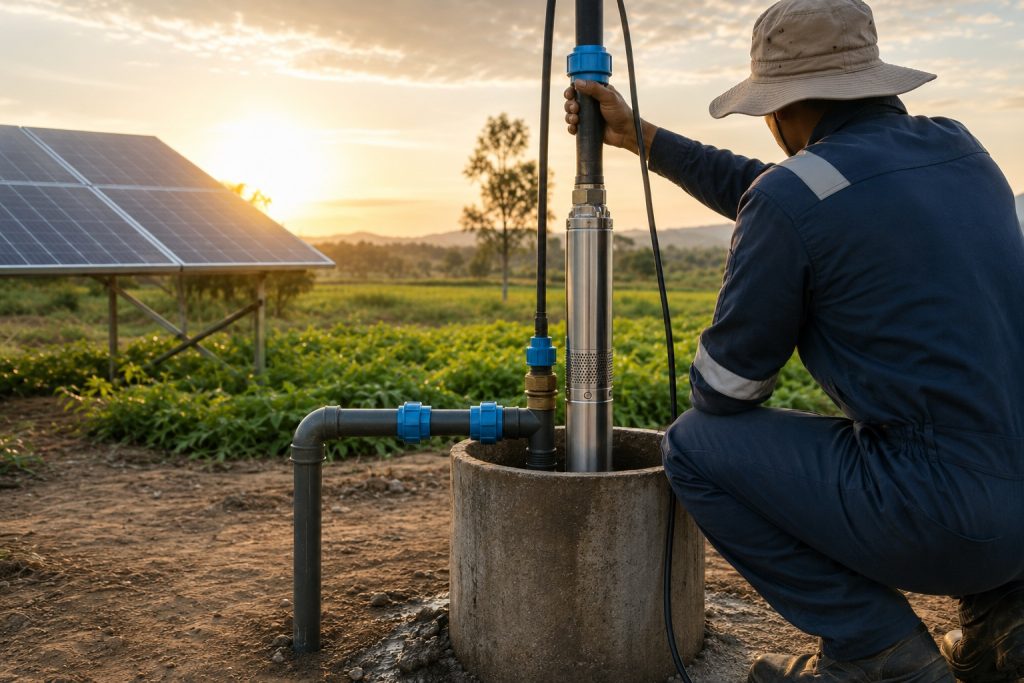 A realistic outdoor borehole installation scene showing one stainless steel HYBSUN deep well submersible pump being lowered into a concrete well casing by a professional technician whose face is not visible. New clean pipe fittings, fresh connectors, and a neatly routed power cable are installed beside the wellhead, while solar panels stand in the background across a rural agricultural field. The image visually represents how a 1 HP deep well pump can support reliable water lifting from deep underground sources for farms, off grid water supply, and borewell applications.