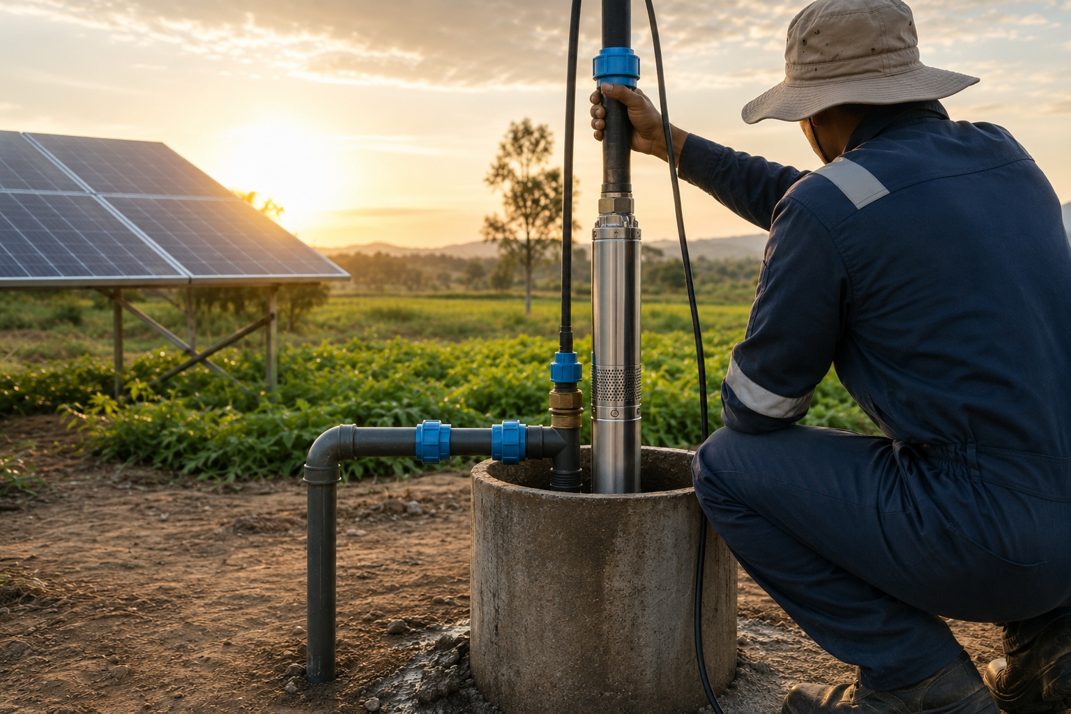 A 1 HP deep well pump being installed into a well casing in a rural setting