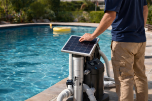 A realistic outdoor poolside scene showing a modern HYBSUN solar hybrid pool pump installed beside a sparkling residential swimming pool under bright daylight. A professional pool technician stands next to the system, adjusting the top-mounted solar panel while facing away from the camera so no face is visible. The pool water is crystal clear, and the setup highlights an energy-saving pool circulation solution designed for efficient daily filtration. The image visually represents the topic “How long can you continuously run a pool pump?” by showing a smart, cost-effective pool pump system that supports optimized run times instead of unnecessary 24/7 operation. The HYBSUN pump appears sleek, durable, and modern, emphasizing lower electricity use, reliable pool cleaning, and reduced equipment wear for residential pool owners.