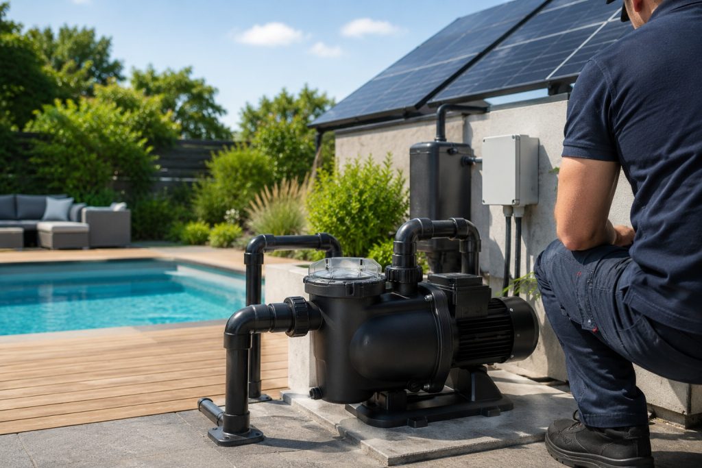 A professional technician is inspecting a HYBSUN solar pool pump system installed beside a modern outdoor swimming pool. The image shows a black pool pump connected with PVC piping near the pool equipment area, with solar panels mounted above to power the system. The technician is shown from the side and back without revealing the face, creating a professional maintenance scene. The clean pool, bright sunlight, solar panels, and durable pump installation visually represent the long service life, energy efficiency, and reliable performance of HYBSUN solar pool pumps. This image supports the topic How long do solar pool pumps last by highlighting solar panel durability, pump motor longevity, and proper system installation.