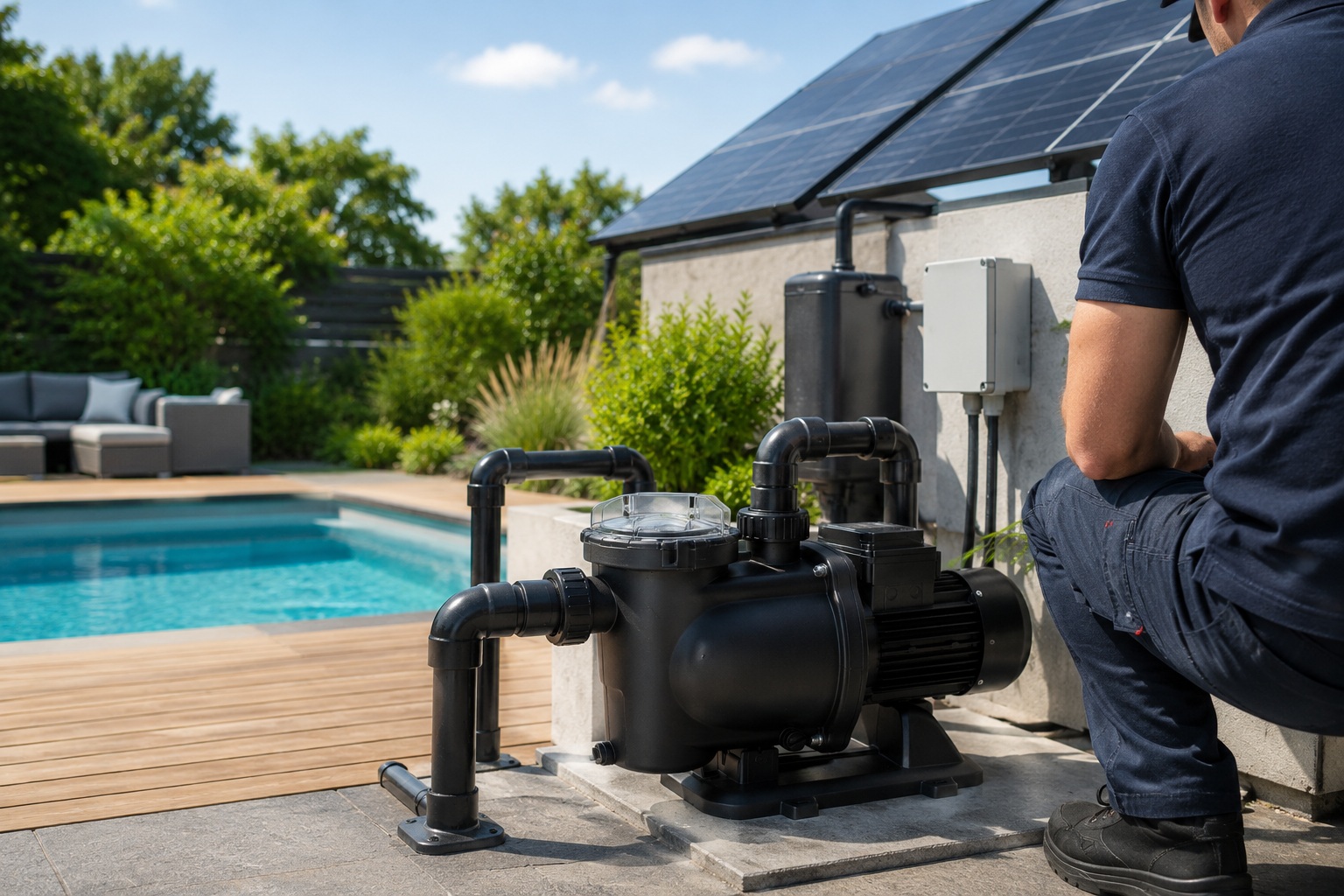 A solar pool pump system installed next to a swimming pool