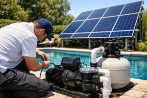 A professional pool technician inspects and adjusts a HYBSUN solar pool pump system beside a clean outdoor swimming pool, with large solar panels installed in the background under bright sunlight. The image highlights a durable solar-powered pool filtration setup designed for long-lasting performance, energy savings, and sustainable pool maintenance. It visually represents the topic of how long does a solar pool pump last, showing the key components of a reliable solar pool pump system, including the pump motor, filter tank, piping, and solar energy source in a realistic residential poolside environment.