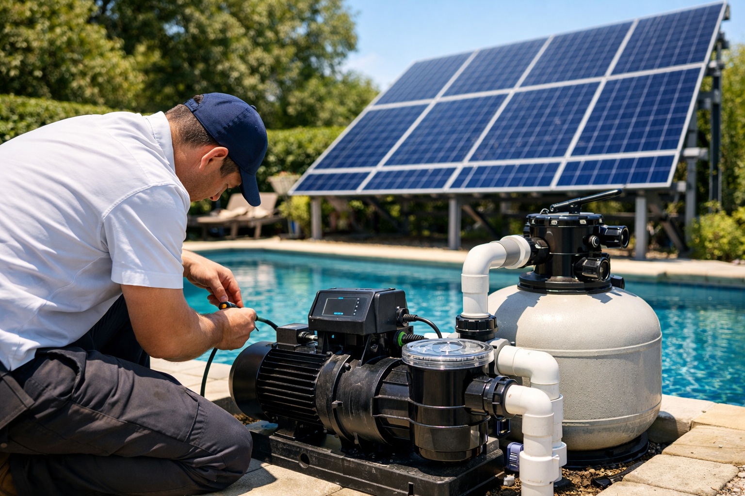 A solar panel array next to a sparkling blue swimming pool