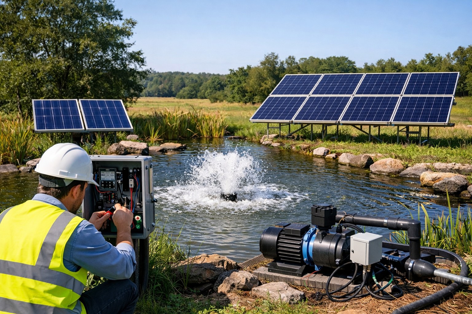 A solar-powered pond pump system with panels nearby