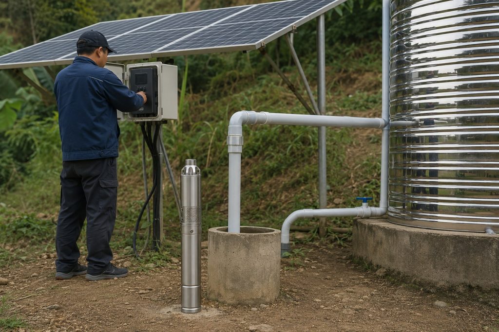 A realistic outdoor HYBSUN solar borewell pump installation scene showing a 200 foot deep well water system with a stainless steel submersible pump displayed beside the borehole, clean new PVC outlet pipes connected from the wellhead to a water storage tank, solar panels powering the system, and a Chinese technician checking the solar pump controller. The image demonstrates how to choose the correct HP pump for a 200 feet borewell based on required water flow, total dynamic head, and reliable deep well water pressure.
