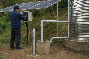 A realistic outdoor HYBSUN solar borewell pump installation scene showing a 200 foot deep well water system with a stainless steel submersible pump displayed beside the borehole, clean new PVC outlet pipes connected from the wellhead to a water storage tank, solar panels powering the system, and a Chinese technician checking the solar pump controller. The image demonstrates how to choose the correct HP pump for a 200 feet borewell based on required water flow, total dynamic head, and reliable deep well water pressure.