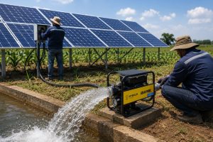 HYBSUN 2 HP solar water pump system operating in a farm field with large solar panels and two technicians installing and monitoring the pump, illustrating how much solar panel is required for a 2 hp water pump for reliable irrigation, off-grid water supply, and efficient agricultural water pumping.