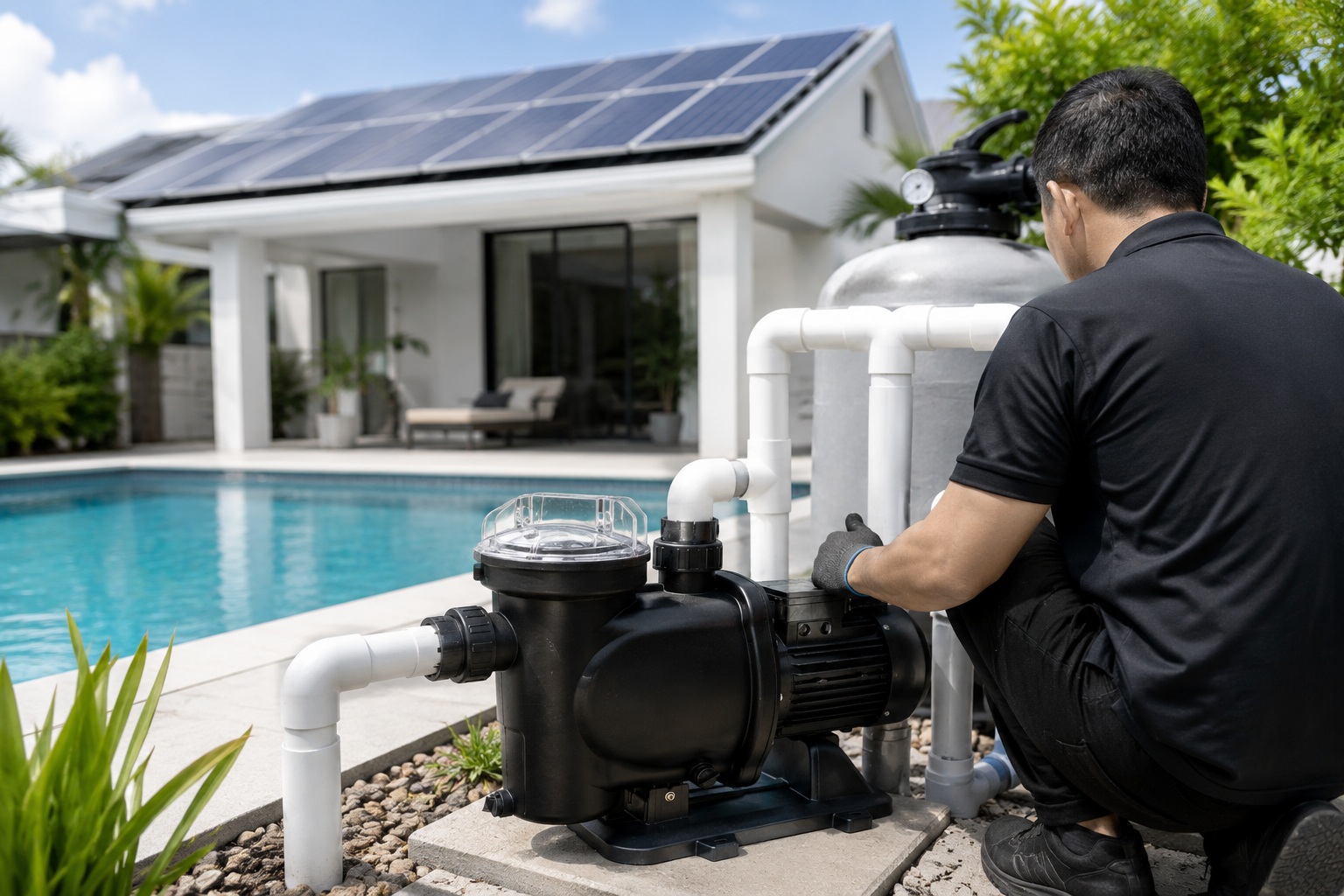 A solar-powered pool pump system next to a swimming pool