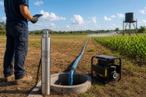 "HYBSUN 2 HP submersible water pump in action on a sunny farm, demonstrating how far a 2 HP pump can push water. The stainless-steel HYBSUN pump is installed beside a concrete well, connected to a long blue pipeline extending across cultivated fields with irrigation sprinklers and a water tank in the background. A technician, wearing gloves and cargo pants, checks the system using a tablet, emphasizing practical farm irrigation and long-distance water delivery. The rural landscape under bright daylight shows clear rows of crops, a horizon with trees and low hills, and a professional agricultural setup for efficient water pumping."