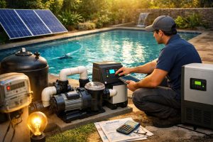 How long can you continuously run a pool pump? A professional technician inspects a HYBSUN solar hybrid pool pump system beside a clean residential swimming pool at sunset. The image shows an energy-efficient pool pump connected to filtration equipment and smart control units, highlighting a modern solution for reducing electricity costs while maintaining clear pool water. Solar panels in the background emphasize sustainable pool pump operation, optimized daily filtration, and long-running performance for residential pool owners seeking lower energy consumption and reduced equipment wear.