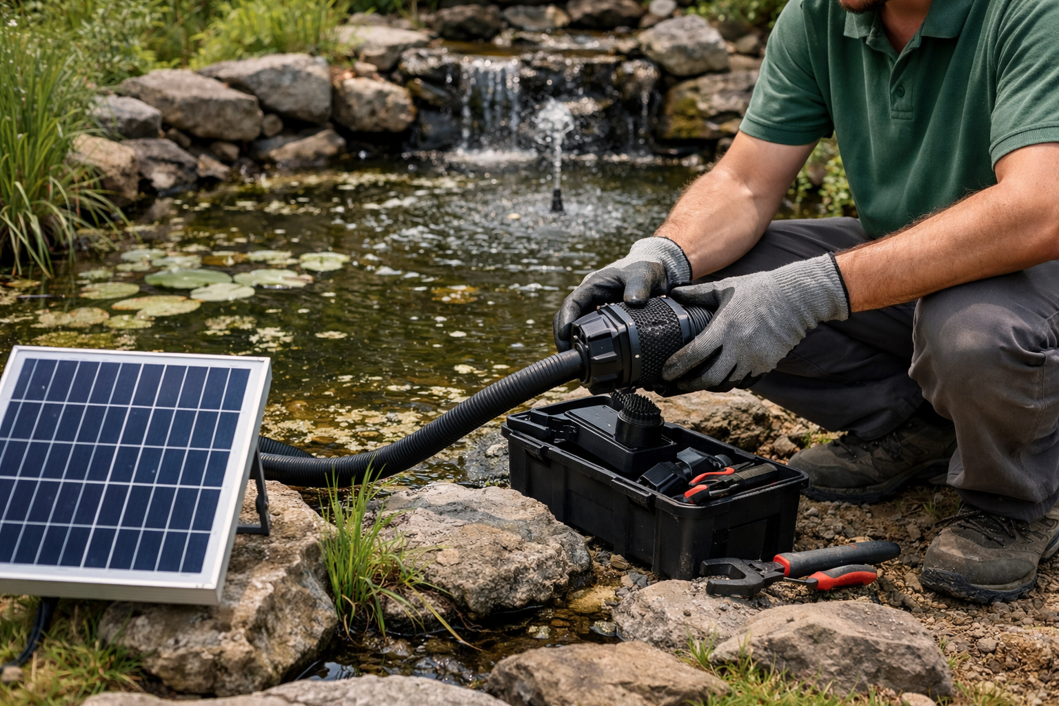 A solar powered pump operating in a garden pond
