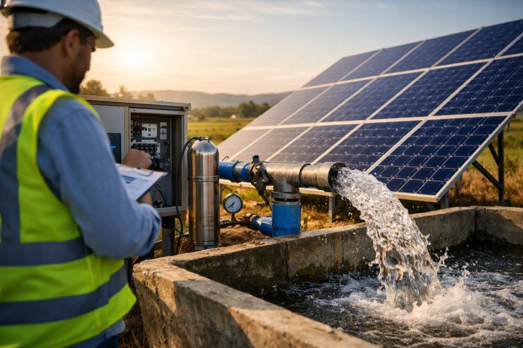 How long do solar pumps last? This realistic HYBSUN solar pump image shows a professional technician inspecting a solar-powered water pumping system in a rural outdoor setting. The scene includes high-efficiency solar panels, a stainless steel pump assembly, a control cabinet, visible water flow, and field infrastructure designed for reliable long-term operation. The image reflects the durability and service life of a HYBSUN solar pump system, where solar panels can typically last 25 to 30 years and the pump unit can often operate for 10 to 20 years with proper maintenance, good water conditions, and correct installation.