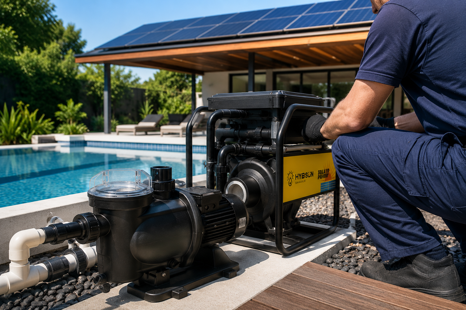 A modern swimming pool with a solar heater system on the nearby roof