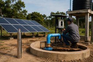 A realistic outdoor HYBSUN solar water pump installation scene showing a stainless steel 1HP solar submersible borehole pump displayed beside a concrete wellhead, with clean blue outlet piping connected from the well to a water tank system. A Chinese technician is adjusting the solar pump controller while a ground mounted solar panel array powers the off grid water pumping system. The image highlights a professional rural solar water supply setup for users asking how many solar panels do I need for a 1HP water pump, showing the connection between solar panels, controller, borehole pipework, and water storage in a practical installation environment.
