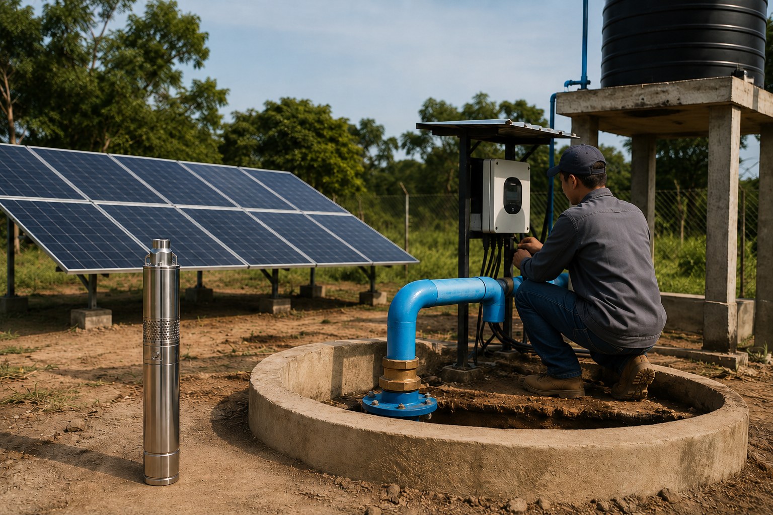 A close-up of solar panels with a water pump in the background
