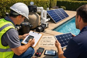 A realistic backyard poolside scene showing a HYBSUN solar pool pump system consultation, with two professional technicians working beside a swimming pool without showing their faces. One technician in a safety vest and hard hat is using a calculator and clipboard to estimate energy usage, while the other holds a solar panel near the pool pump equipment and filtration system. Multiple solar panels are placed beside the pool, illustrating how to calculate the number of solar panels needed for a pool pump based on wattage, daily runtime, and peak sun hours. The image visually represents an efficient, eco-friendly HYBSUN solar pool pump solution for reducing electricity costs.