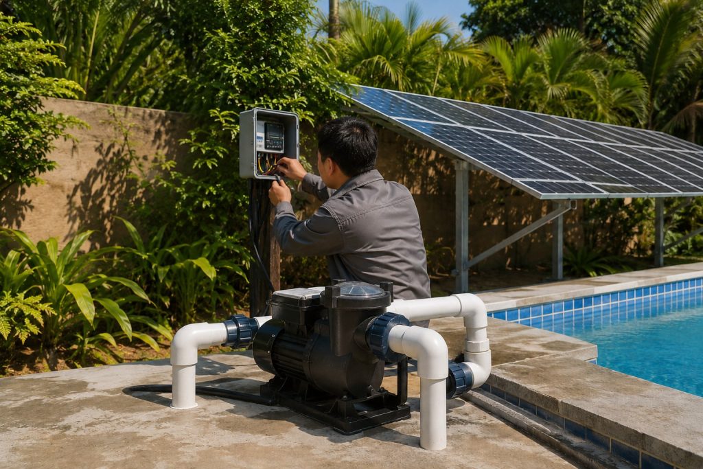 A realistic outdoor poolside installation showing a HYBSUN solar pump setup connected to a clean swimming pool circulation system. The black pool pump is installed on a concrete equipment platform with new white PVC inlet and outlet pipes correctly connected beside the blue pool water. A Chinese technician is adjusting the open solar pump controller while a large solar panel array supplies power in the background. The scene is surrounded by green tropical plants and bright sunlight, showing a practical solar water pump solution for pool circulation, a solar powered pond pump, or a pond pump system where clean piping, solar panels, and professional installation work together for efficient off grid water pumping.