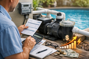 A realistic backyard poolside scene showing a professional technician, with face not visible, calculating electricity expenses beside a running pool pump system. The image includes a pool pump, electrical meter, calculator, utility bills, coins, and cash on a wooden table, visually representing the high energy cost of continuous operation. This HYBSUN-themed image illustrates the question, How much does it cost to run a pool pump 24 hours a day, highlighting the impact of nonstop pump use on monthly power bills and the importance of choosing an energy-efficient variable-speed pool pump.