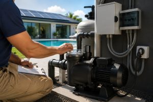 A professional pool maintenance technician checks a HYBSUN pool pump installed beside a modern residential swimming pool. The technician is shown from the side without revealing the face, inspecting the pump and nearby electrical control system. Solar panels are visible on the roof in the background, suggesting a smarter and more energy efficient solution for reducing pool pump running costs. The image visually supports the topic How much does it cost to run a pool pump 8 hours a day by showing a realistic pool equipment setup, electricity usage concerns, and a clean modern swimming pool environment.
