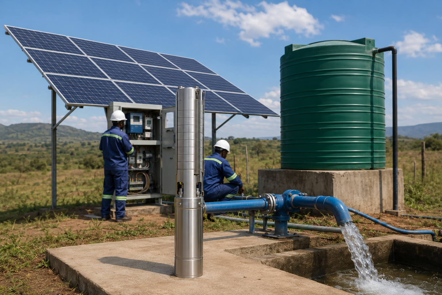A solar panel array next to a water pump in a field