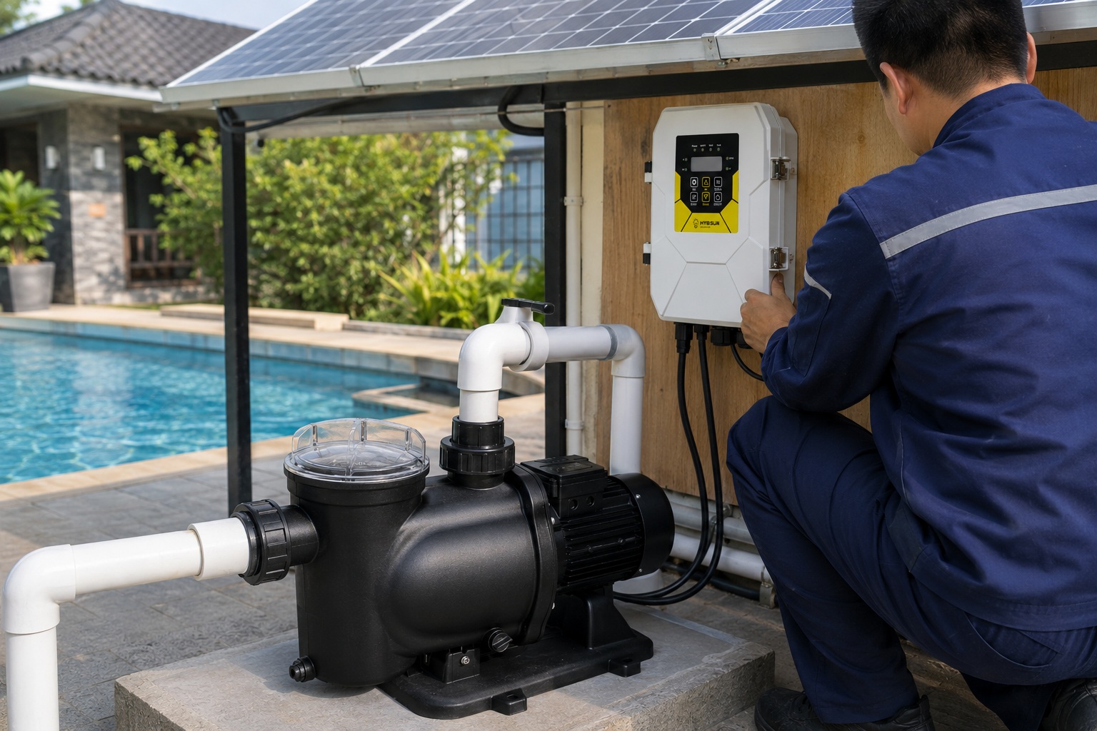 A solar-powered pool pump system installed next to a swimming pool