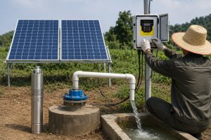 A realistic rural installation scene showing a HYBSUN solar pump system connected to two solar panels for off grid water supply. A stainless steel submersible solar water pump is displayed beside a borehole wellhead, while clean white piping carries water from the well outlet into a concrete water basin with visible flowing water. A Chinese technician wearing work gloves and a straw hat is adjusting the HYBSUN solar pump controller mounted on a metal pole, with neat wiring running from the two solar panels to the control box and pump system. The outdoor farm setting, professional pipe connections, active water flow, and green background show how a solar water pump can support irrigation, remote property water supply, a pond pump system, or larger applications beyond a small solar powered pond pump.