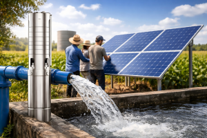A realistic outdoor agricultural scene featuring a HYBSUN solar water pump system installed in an off-grid rural area, with solar panels powering a stainless steel submersible pump to deliver clean water efficiently. The image shows a professional technician or farm worker nearby without showing their face, emphasizing practical field use, reliable water access, and sustainable pumping performance. This visual represents the answer to the question, “Is there a solar water pump?” by showcasing a modern HYBSUN solar-powered water pumping solution designed for homes, farms, livestock watering, and remote areas with high electricity costs or limited grid access.