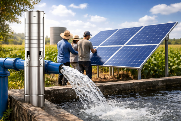 A realistic outdoor agricultural scene featuring a HYBSUN solar water pump system installed in an off-grid rural area, with solar panels powering a stainless steel submersible pump to deliver clean water efficiently. The image shows a professional technician or farm worker nearby without showing their face, emphasizing practical field use, reliable water access, and sustainable pumping performance. This visual represents the answer to the question, “Is there a solar water pump?” by showcasing a modern HYBSUN solar-powered water pumping solution designed for homes, farms, livestock watering, and remote areas with high electricity costs or limited grid access.