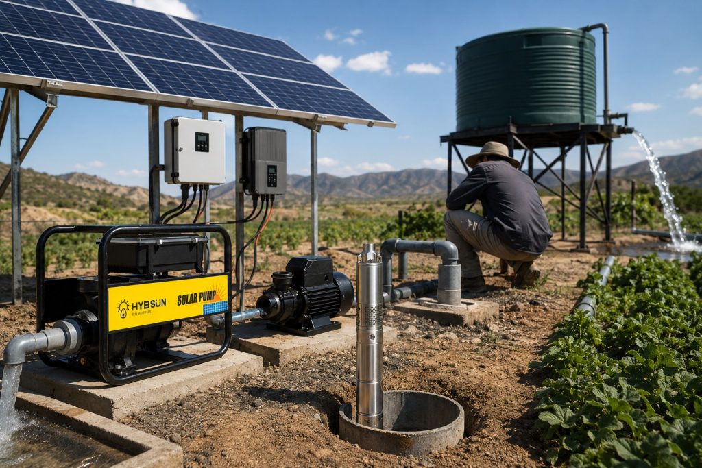 HYBSUN solar water pump setup in a rural field with a technician monitoring the system, showing a DC or AC pump connected to solar panels and irrigation pipes. The image illustrates the choice between DC solar pumps for direct panel power or AC pumps requiring an inverter, highlighting reliable off-grid water supply and efficient agricultural irrigation.