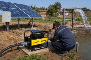 A realistic rural installation scene showing a HYBSUN solar pump operating beside a pond for irrigation and water transfer. The HYBSUN solar pump is mounted on a concrete pad inside a black protective frame with a yellow branded side panel, connected to a clean black inlet hose and a professional outlet pipe system. A Chinese technician is crouching beside the pump, checking the pipe connection while the system runs. Large solar panels and a controller box are installed nearby to power the pump, and water is visibly flowing from the discharge pipe into the pond area. The outdoor farmland setting, natural sunlight, clean pipe fittings, and active water flow make this solar water pump scene suitable for demonstrating a solar powered pond pump, pond pump system, and off grid water supply solution.