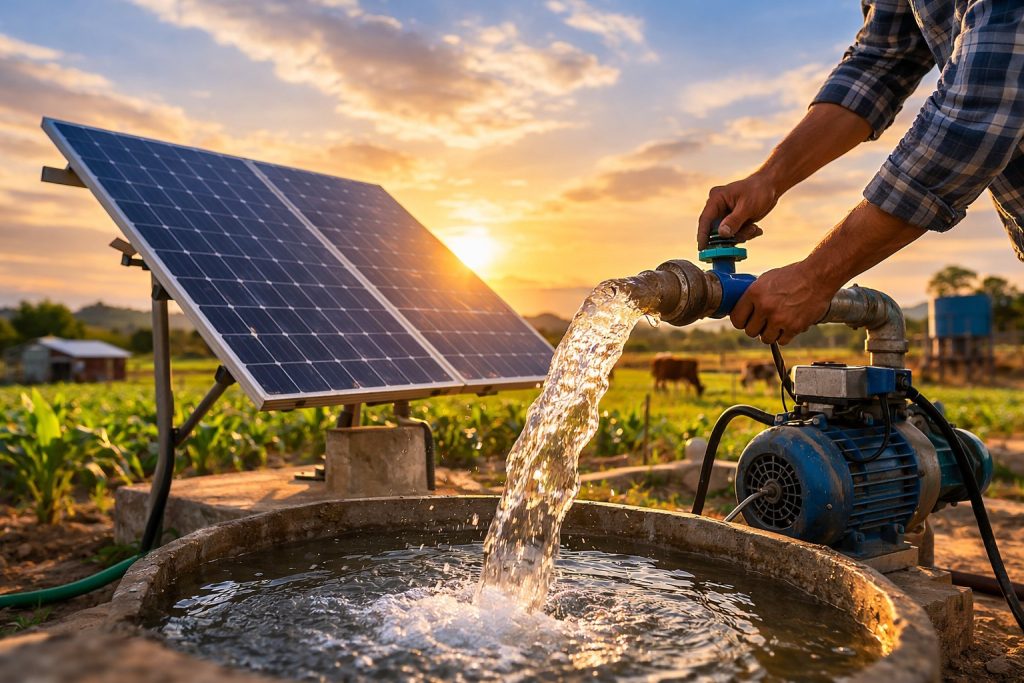 A realistic rural farming scene showing a HYBSUN solar water pump system in action at sunset, with large solar panels powering a water pump that delivers a strong flow of water into a storage basin. A professional technician is adjusting the pipe connection without showing their face, highlighting practical field installation and maintenance. The background features green farmland, livestock, and a water tank, illustrating how a solar water pump provides reliable off-grid water access for homes, farms, and agricultural irrigation. This image answers the question, “Is there a solar water pump?” by visually demonstrating an efficient, eco-friendly HYBSUN solar pumping solution for low-cost and sustainable water supply.