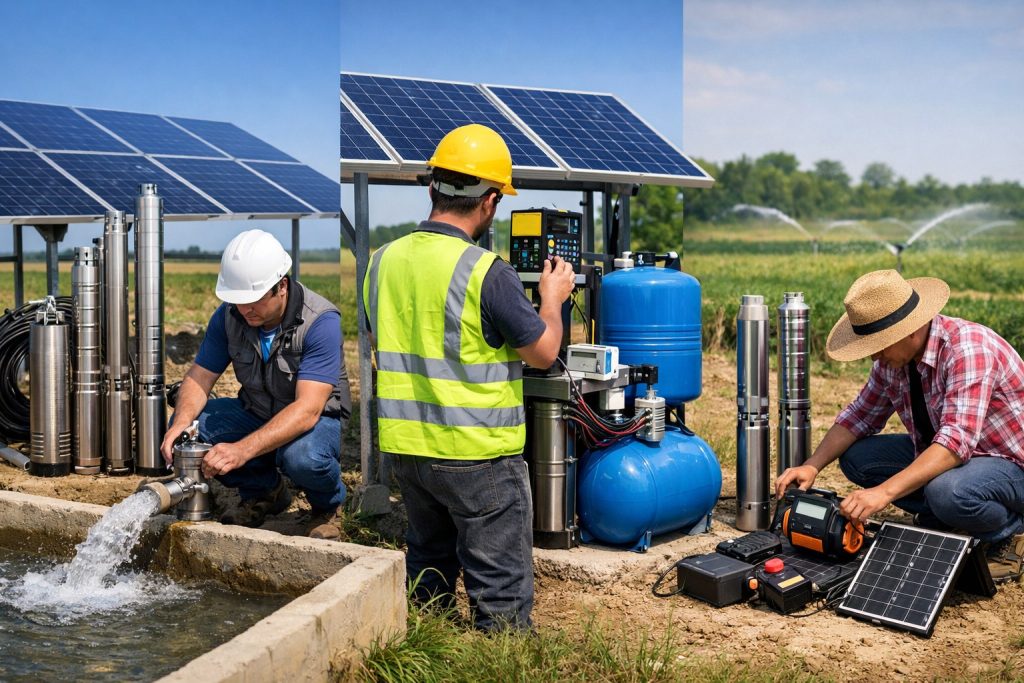 What are the best solar water pump brands? HYBSUN solar water pump system image showing professional technicians working with multiple solar-powered water pump setups in an outdoor agricultural field, including solar panels, stainless steel submersible pumps, controller equipment, and irrigation water flow. This realistic scene highlights reliable, efficient, and durable solar water pump solutions for farming, irrigation, and off-grid water supply applications.