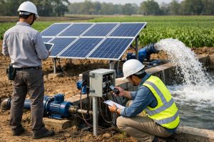 A realistic outdoor scene showing a HYBSUN solar water pump system installed in a rural agricultural field, with multiple solar panels powering a blue water pump that delivers a strong flow of water into an irrigation canal. Two professional technicians are inspecting the system, one using a tablet and the other checking the control box with testing equipment, while their faces are not visible. The image illustrates the concept behind what size solar panel is needed for a water pump, highlighting solar-powered pumping solutions for efficient water supply, irrigation, and reduced electricity costs.