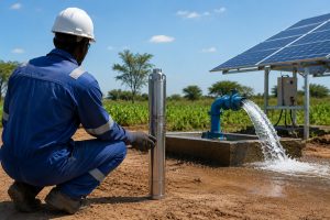 A realistic outdoor borehole water pumping scene showing a HYBSUN solar borehole pump installed near a rural well site. A professional technician in safety workwear is inspecting the stainless steel submersible pump beside a borehole system, with solar panels powering the setup in the background and clean water flowing from a pipe into the field. The image visually explains what type of pump is best for a borehole by showing a practical solar water pump solution for deep wells, agricultural irrigation, off grid water supply, and reliable borehole pumping applications.