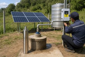 A realistic outdoor HYBSUN solar pump installation scene showing a solar water pump system set up beside a borehole well in a rural off grid environment. A stainless steel submersible pump is displayed upright near the wellhead for product reference, while the actual water outlet pipe comes from the sealed well and connects through clean metal piping toward a large water storage tank. Solar panels are installed nearby to power the system, and a technician is checking the HYBSUN controller mounted on a post. The scene shows a practical solar water pump and pond pump system layout for farms, irrigation, remote water supply, and solar powered pond pump applications where sunlight, system design, pipe connection, and water storage all affect pumping performance.